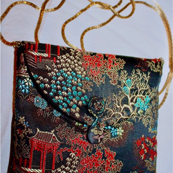 ***SOLD***Handmade Chinese Silk Asian Envelope Handbag w/56" Vendome Gold Chain - Picture 1 of 11